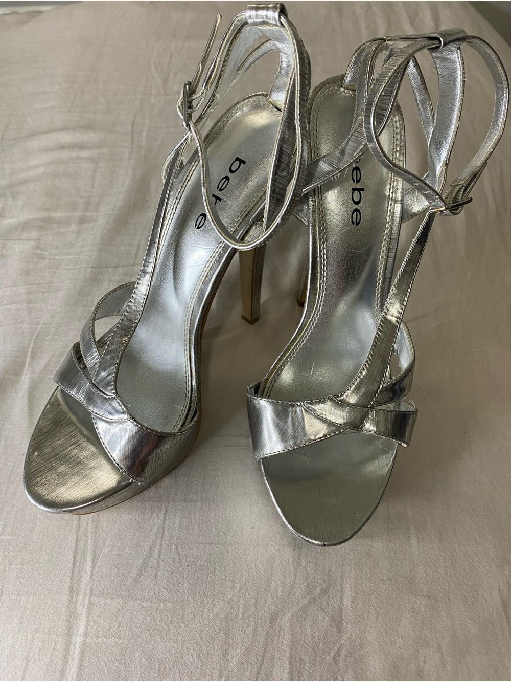 bebe Metallic Silver Strappy High Heel Sandals 9